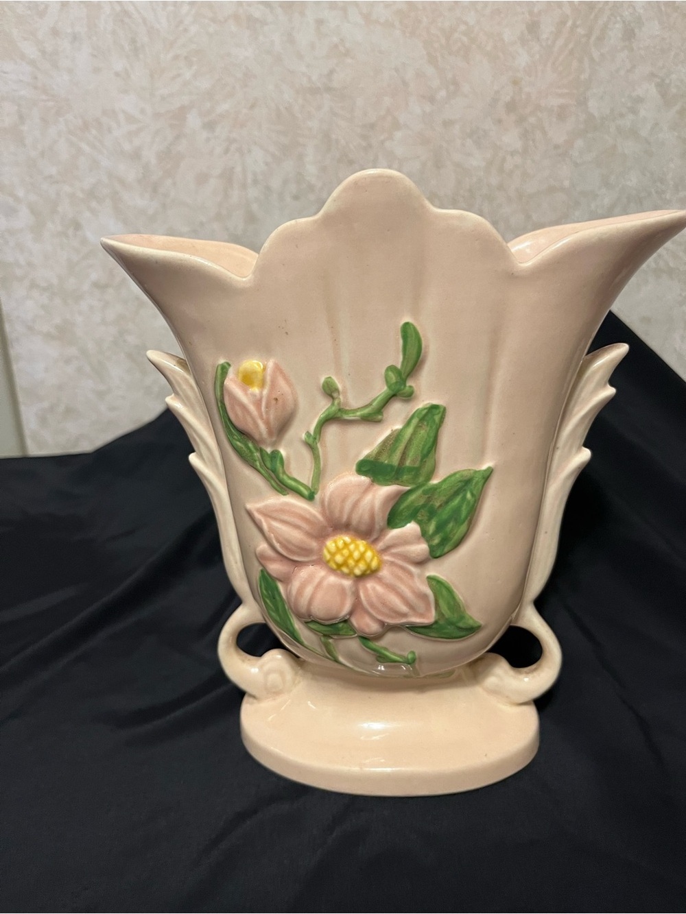 HULL POTTERY Floral Relief Ceramic Vase in Blush Pink